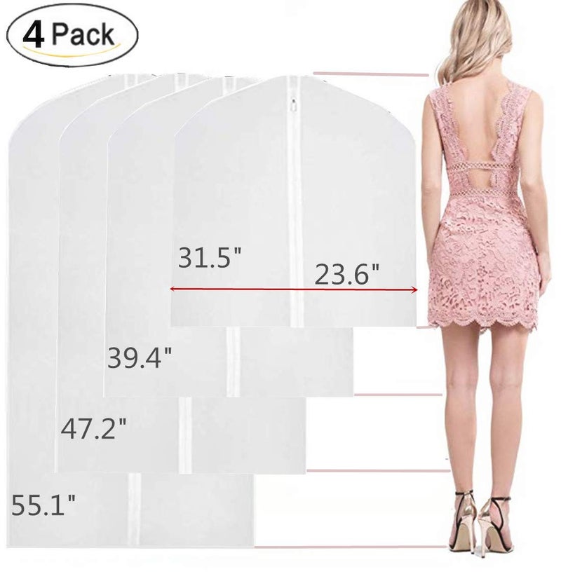 DurReus Clear Hanging Garment Bag With Study Zipper Plastic Clothing Dust Cover Closet Suit Protector Storage Bags White 4pcs - Image 1
